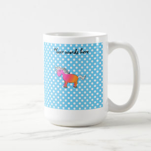 Rosa und orangefarbenes Einhorn auf blauen Polka-P Kaffeetasse