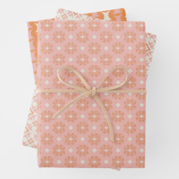 Rosa und orangefarbenes Set aus Blumenpapier Geschenkpapier Set