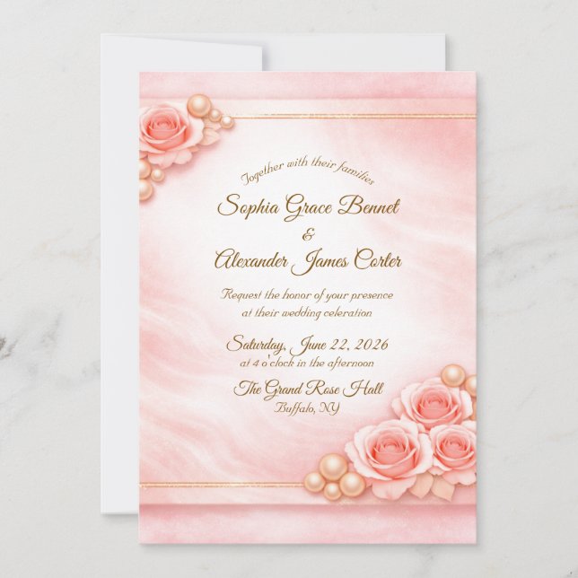 Rosa und Perlen Hochzeitseinladung Einladung (Vorderseite)