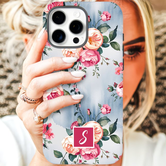 Rosa und Pfirsich-Monogramm-Blumenmuster Case-Mate iPhone Hülle (Von Creator hochgeladen)