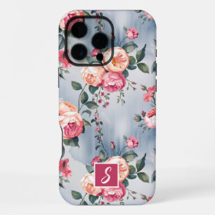 Rosa und Pfirsich-Monogramm-Blumenmuster iPhone 16 Pro Max Hülle