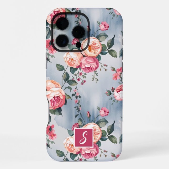 Rosa und Pfirsich-Monogramm-Blumenmuster iPhone Hülle (Rückseite)