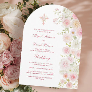 Rosa und Pfirsichblütenbogen religiöse Hochzeit Einladung