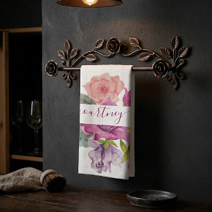 Rosa und pfirsiche Aquarellblumen personalisiert Geschirrtuch