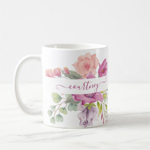 Rosa und pfirsiche Aquarellblumen personalisiert Kaffeetasse