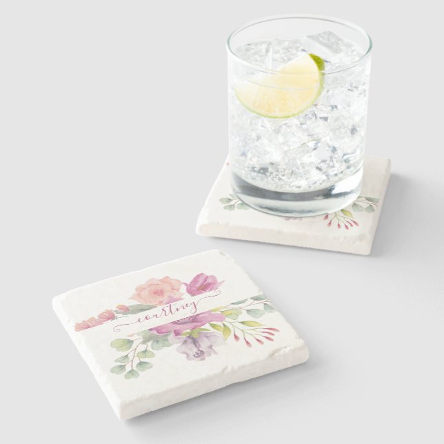 Rosa und pfirsiche Aquarellblumen personalisiert Steinuntersetzer (Seitenansicht)