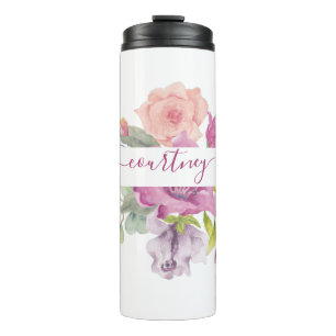 Rosa und pfirsiche Aquarellblumen personalisiert Thermosbecher