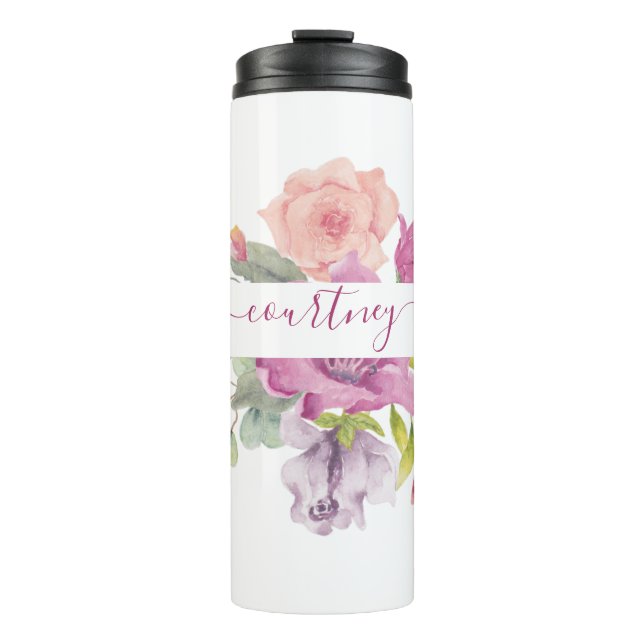 Rosa und pfirsiche Aquarellblumen personalisiert Thermosbecher (Vorderseite)