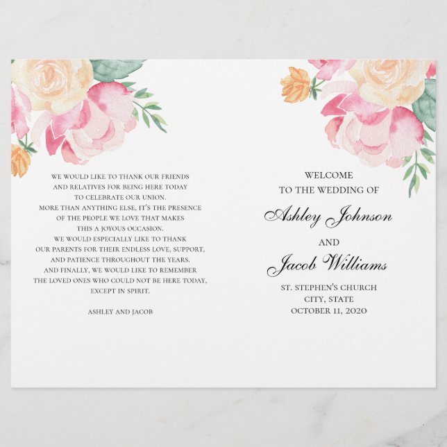 Rosa und pfirsichfarbene Blumen Hochzeitsprogramm  (Vorderseite)