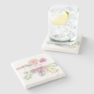 Rosa und pfirsichfarbene Wasserfarbe florale perso Steinuntersetzer