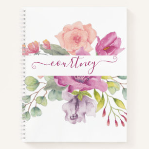 Rosa und pfirsichfarbene wasserfarbene Blumen pers Notizbuch