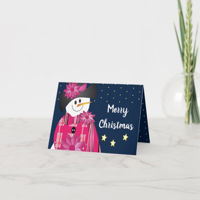 Rosa und Polka Dot Snowman Feiertagskarte (Vorderseite)