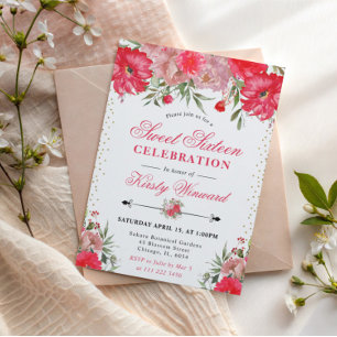 Rosa und rosafarbene Sommerblumen Sweet Sixteen Einladung