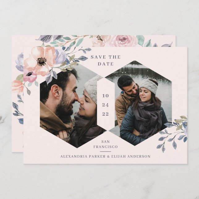 Rosa und Rose Geometrie | Zwei Fotos Save The Date (Vorne/Hinten)