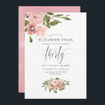 Rosa und Rose Gold 30. Geburtstag Party Einladung<br><div class="desc">Rosa Blush und Rose Gold Rose Aquarell Blütenfarbe 30 Geburtstagsfeier Einladung mit Akzenten von Salbei grün.</div>