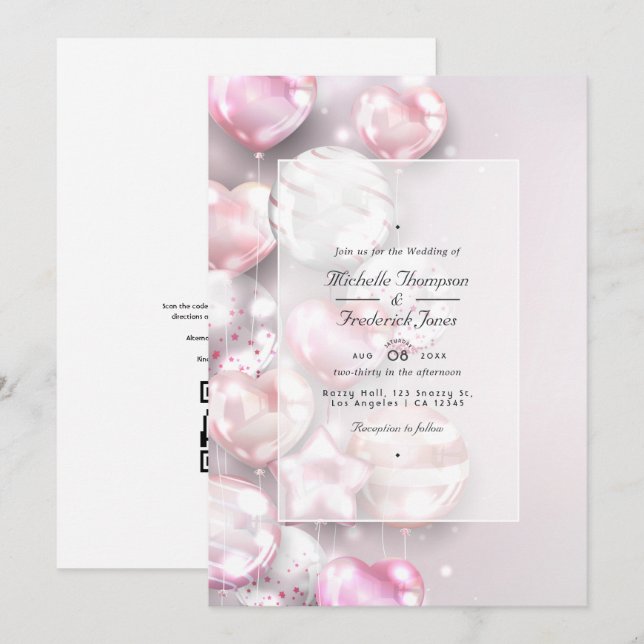Rosa und Rose Gold Balloons QR Code UAWG Wedding Einladung (Vorne/Hinten)