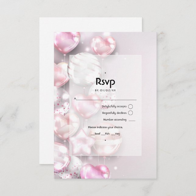 Rosa und Rose Gold Balloons RSVP Karte (Vorne/Hinten)
