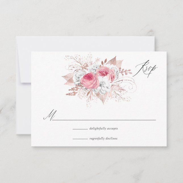 Rosa und Rose Gold, Blüten und Spitzen RSVP Karte (Vorderseite)