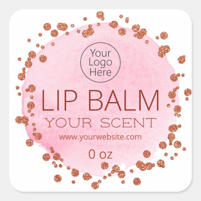 Rosa und Rose Gold Dots Lip Balm Logo Labels Quadratischer Aufkleber (Vorderseite)