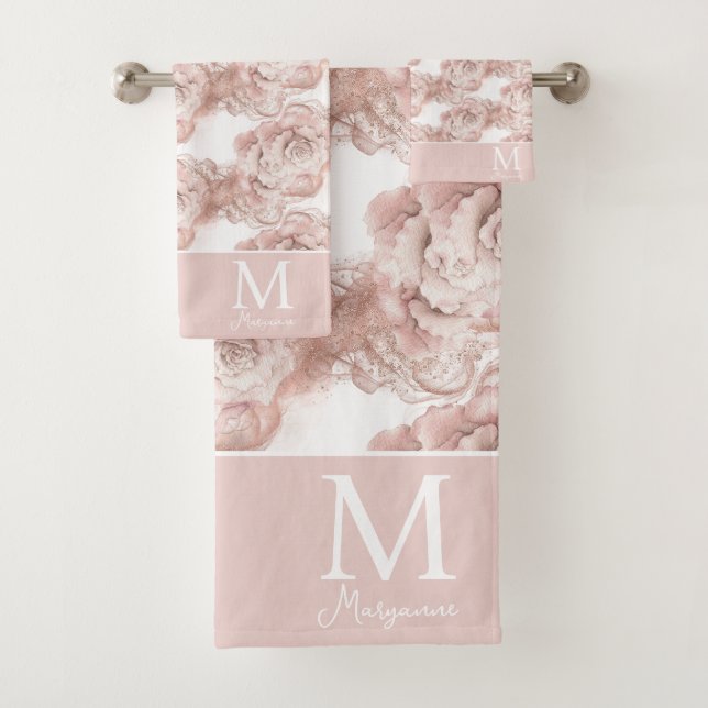 Rosa und Rose Gold Glitzer Rose Monogramm erste Badhandtuch Set (Insitu)