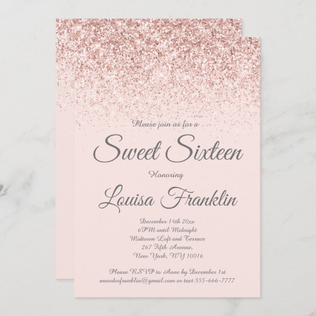 Rosa und Rose Gold Glitzer Sweet 16 Einladung (Vorne/Hinten)