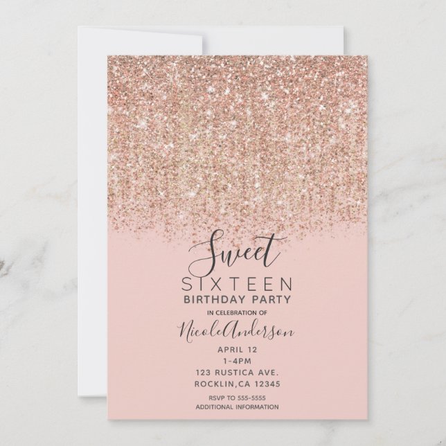 Rosa und Rose Gold Glitzer Sweet 16 Party Einladung (Vorderseite)