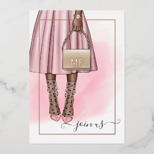 Rosa und Rose Gold Monogramm Junggeselinnen-Abschi Folieneinladung