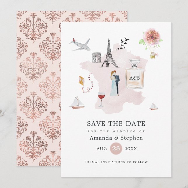 Rosa und Rose Gold Paris Hochzeit in Urlaubsort Save The Date (Vorne/Hinten)