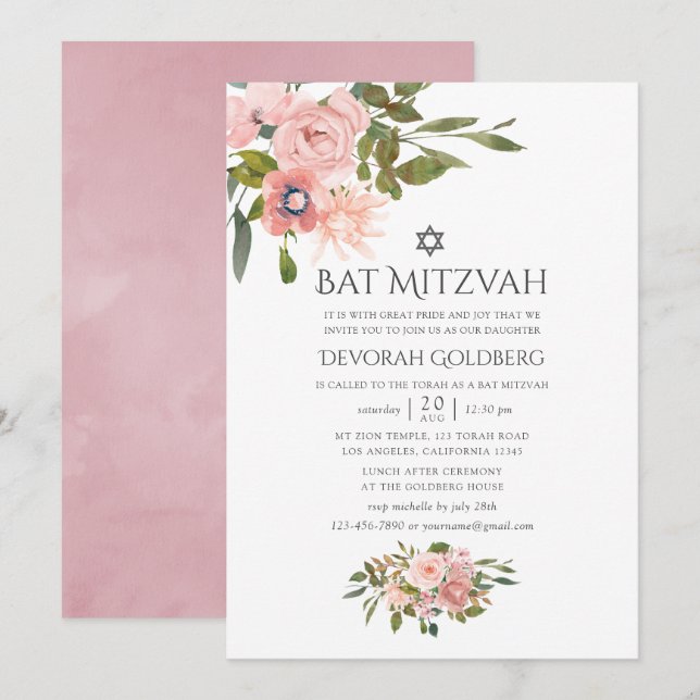 Rosa und Rose Goldflorale Bat Mitzvah Einladung (Vorne/Hinten)
