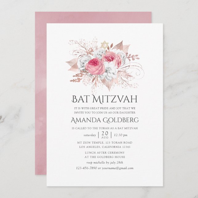 Rosa und Rose Goldflorale Bat Mitzvah Einladung (Vorne/Hinten)