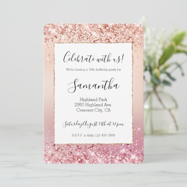 Rosa und Rose Sparkle Ombre Einladung (Stehend Vorderseite)