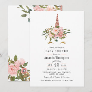 Rosa und Roségold Blumen Einhorn Baby Shower Einladung