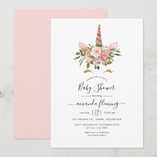 Rosa und Roségold Blumen Einhorn Baby Shower Einladung