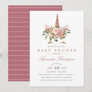 Rosa und Roségold Blumen Einhorn Baby Shower Einladung