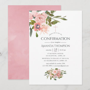 Rosa und Roségold Blumen Konfirmation Einladung