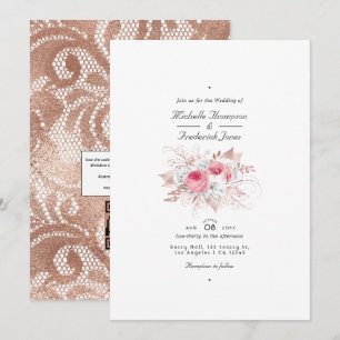 Rosa und Roségold Blumen- und Spitzenhochzeit Einladung