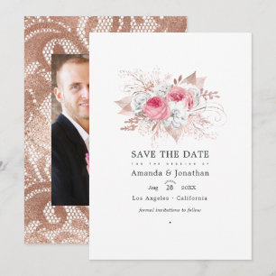 Rosa- und Roségold-Blumen- und Spitzenhochzeit Save The Date