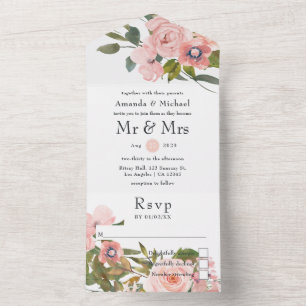 Rosa und Roségold Florale Hochzeit All In One Einladung