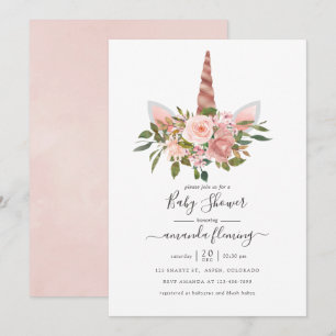 Rosa und Roségold Florales Einhorn-Baby-Shower Einladung