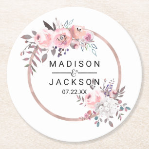 Rosa- und Roségold gerahmtes florales Hochzeitsmon Runder Pappuntersetzer