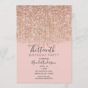 Rosa und Roségold Glitter Geburtstagsfeier Einladung