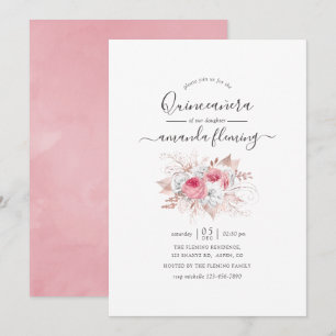 Rosa und Roségoldene Florale Quinceañera Einladung