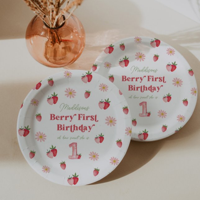 Rosa und Rot Berry Erste Strawberry Geburtstag Pappteller (Berry First Birthday Paper Plates)