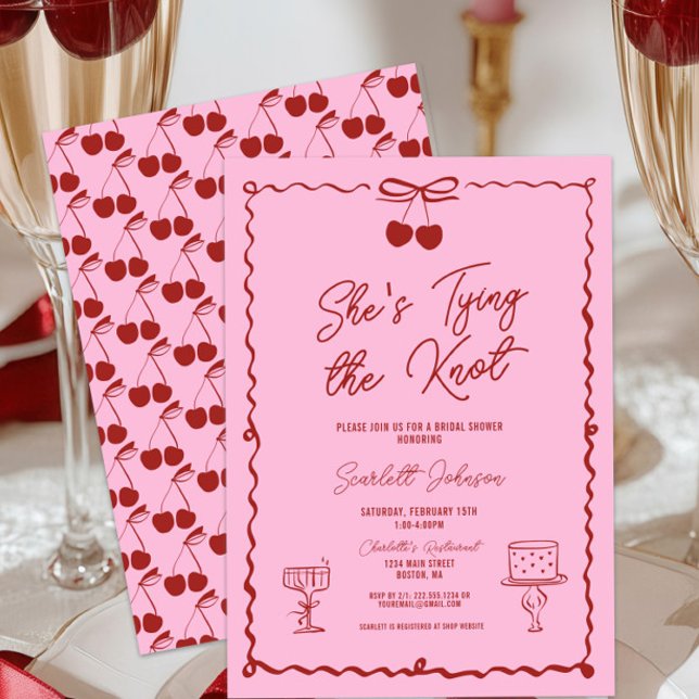 Rosa und Rot, die das Brautparty der Knot-Bow-Kirs Einladung (She's Tying the Knot Red and Pink Hand Drawn Cherry Bridal Shower Invitation, Chic Elegant Modern )