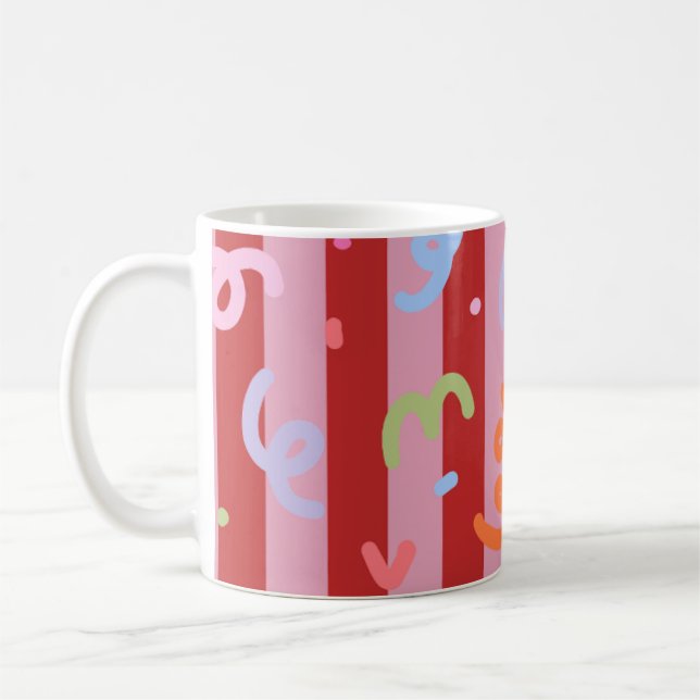Rosa und rot gestreift, mit Konfettidesign  Kaffeetasse (Links)