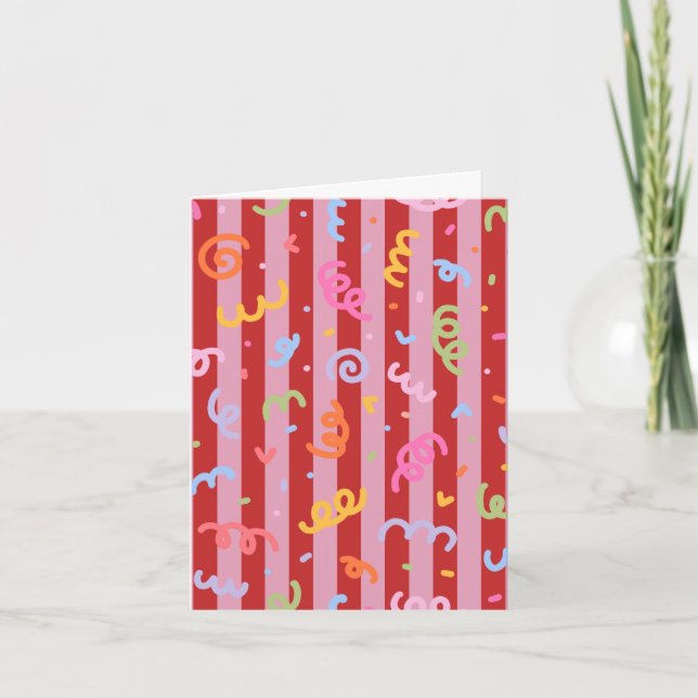 Rosa und rot gestreift, mit Konfettidesign  Karte (Vorderseite)