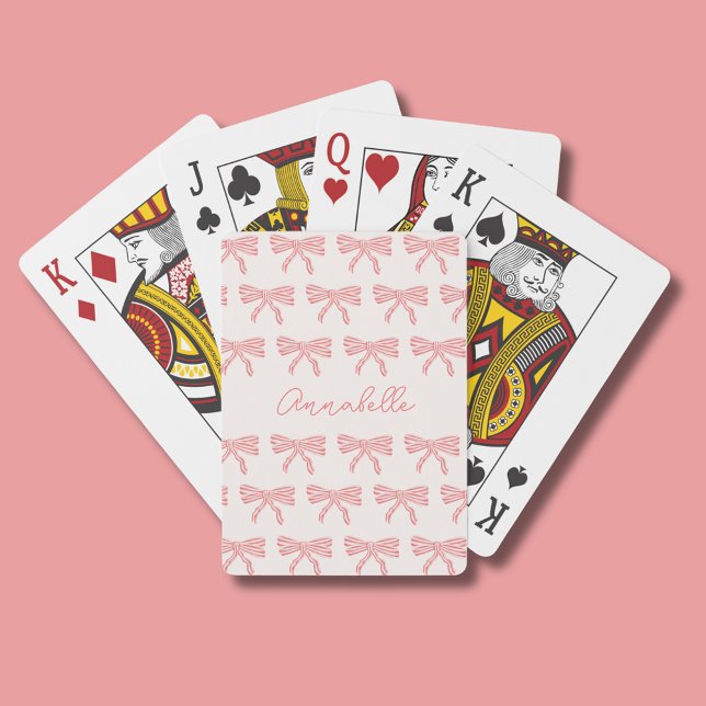 Rosa und rot gestreifte Bogen Coquette Spielkarten (Girls blush pink coquette striped bow playing cards with script first name. Address to reverse.)