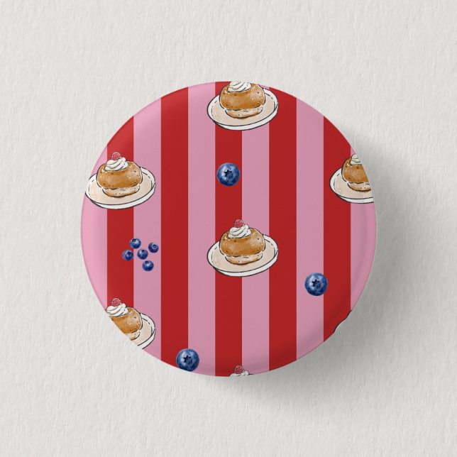 Rosa und rot gestreifte Karte mit Kuchenmuster Button (Vorderseite)