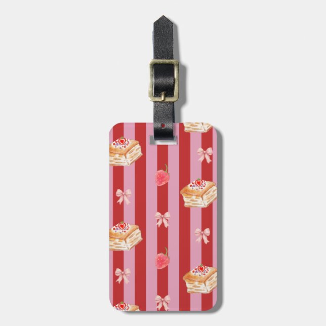 Rosa und rot gestreiftes Design mit Kuchenmuster Gepäckanhänger (Vorderseite vertikal)