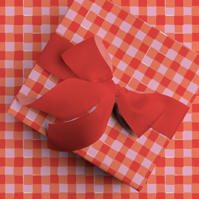 Rosa und Rot Hand Gezeichnet Buffalo Karo Kariert Geschenkpapier (Pink and Red Hand-Drawn Buffalo Check Plaid Wrapping Paper)